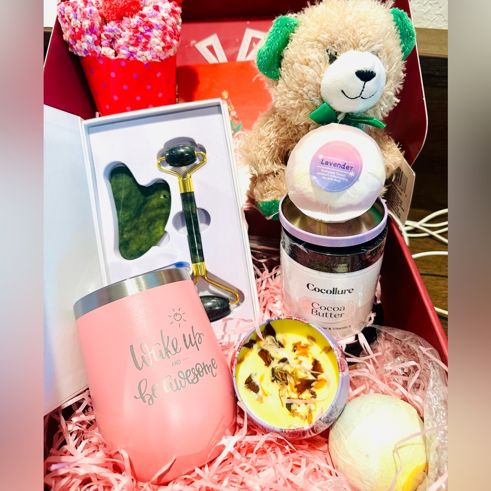 Care package: body cream, socks, candle, bath bombs,Jade roller, Sha, coffee mug